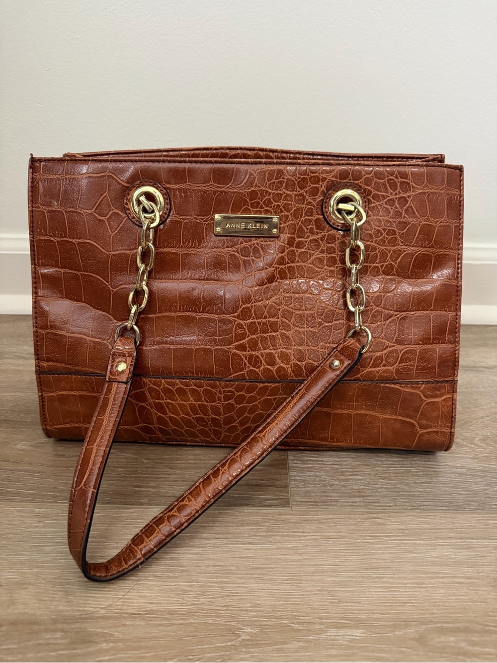 Anne Klein Cognac Croc-Embossed Shoulder Tote with Gold Hardware